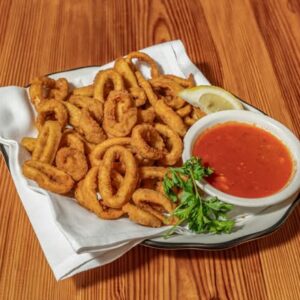 Crispy Fried Calamari served with red sauce or tartar sauce at Sammy's Fish Box