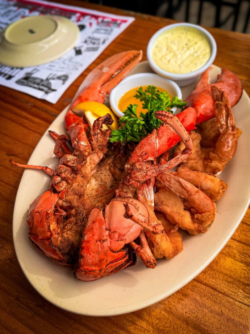 Lobster and fried shrimp platter at Sammy's Fish Box